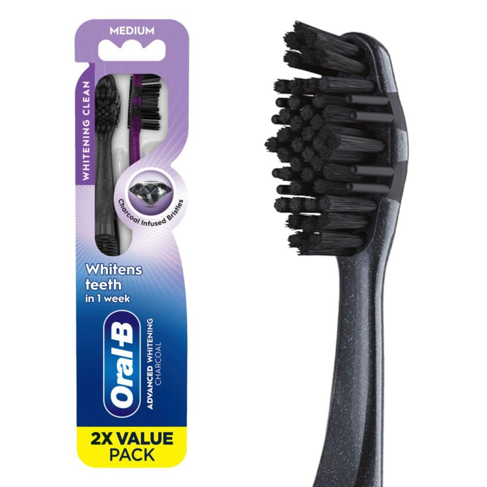 Oral-B 3D White charcoal manual toothbrush medium bristles 2 pack whitening adults - BuyO