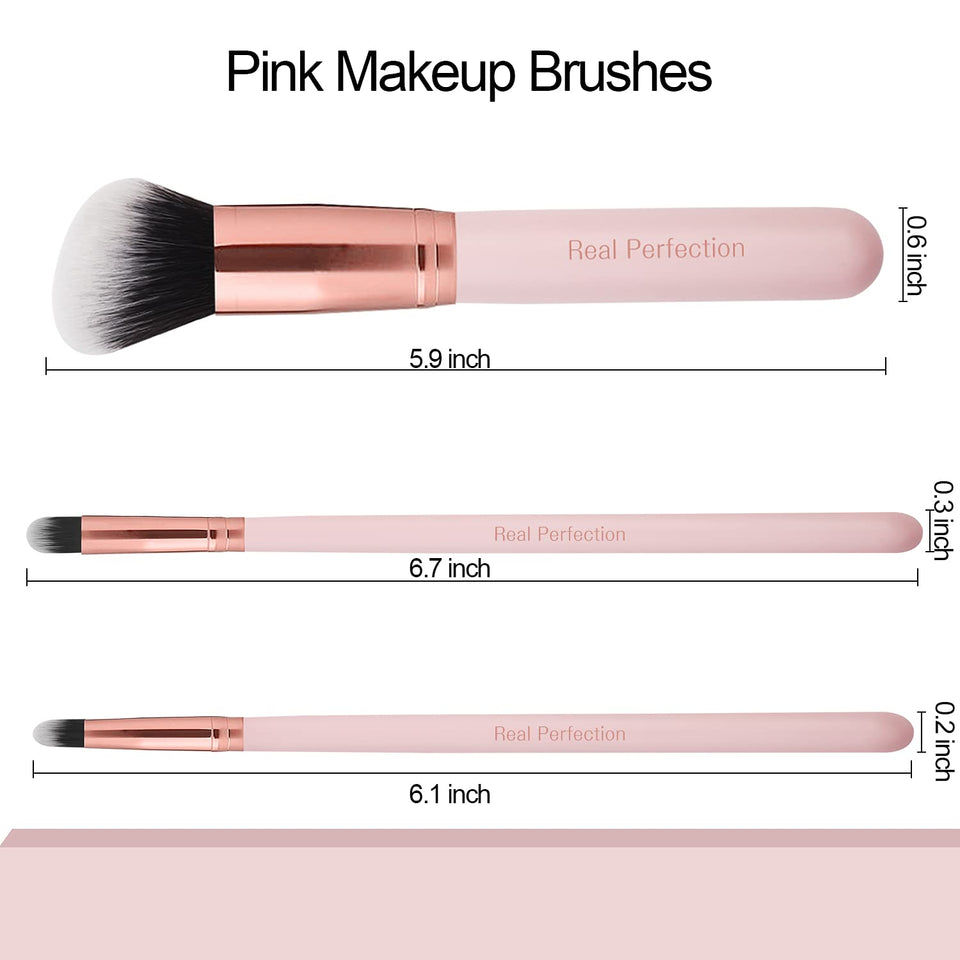 Real Perfection 16 Piece Makeup Brush Set with Eyebrow Razor Synthetic Foundation Concealer Eyeshadow Blush Pink