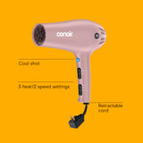 Conair 1875W Hair Dryer Retractable Cord Ionic Tourmaline 3 Heat Settings Diffuser Pink