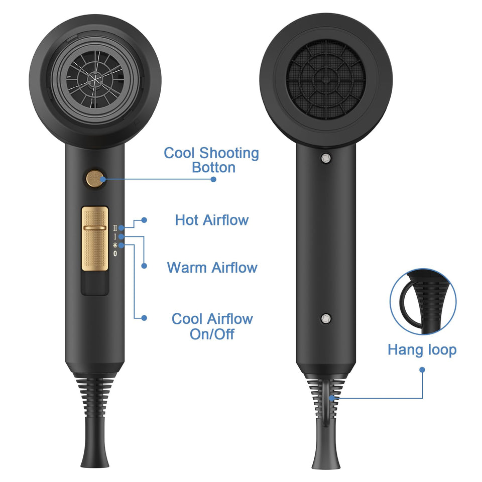 Slopehill Professional Ionic Hair Dryer 1800W Fast Drying Low Noise with Diffuser Concentrator Black