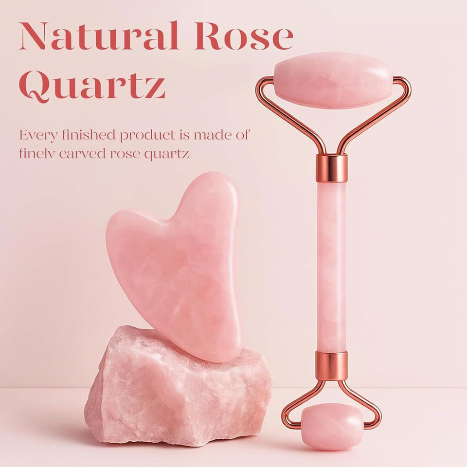 BAIMEI IcyMe Rose Quartz Roller Gua Sha Set Cooling Depuffing Lymphatic Massage Sculpting Pink
