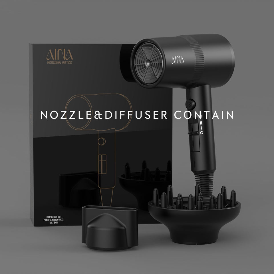 AINA Hair Dryer with Diffuser Advanced Ionic Technology Ceramic Coating Cold Shot Turbo Heat 110V Black