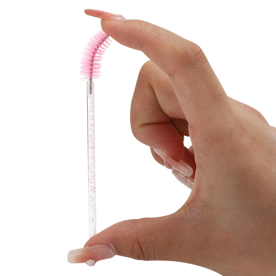 100 Piece Disposable Mascara Wands Crystal Eyebrow Spoolies for Eyelash Extensions Pink with Container
