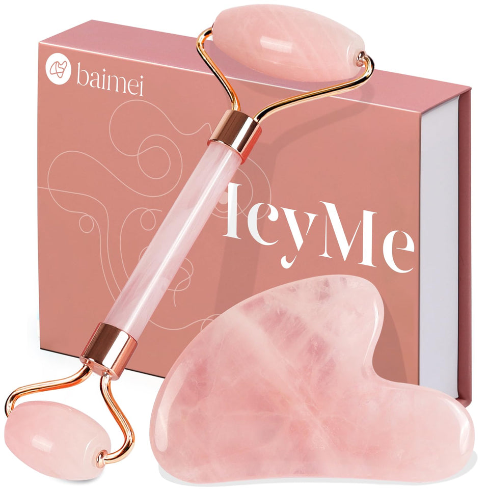 BAIMEI IcyMe rose quartz roller gua sha cooling depuffing lymphatic massage sculpting pink - BuyO