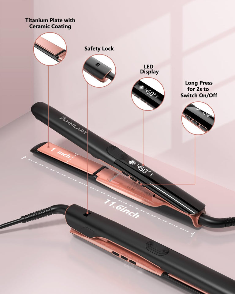 Annlary 1 Inch Titanium Ceramic Ionic Hair Straightener and Curler 2-in-1 Dual Voltage Frizz-Free