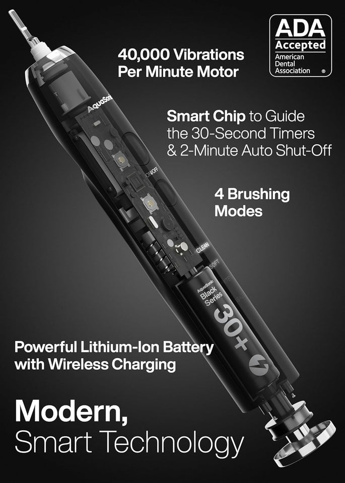 Aquasonic Black Series Ultra Whitening Electric Toothbrush ADA Accepted 8 Brush Heads Wireless Charging 40000 VPM