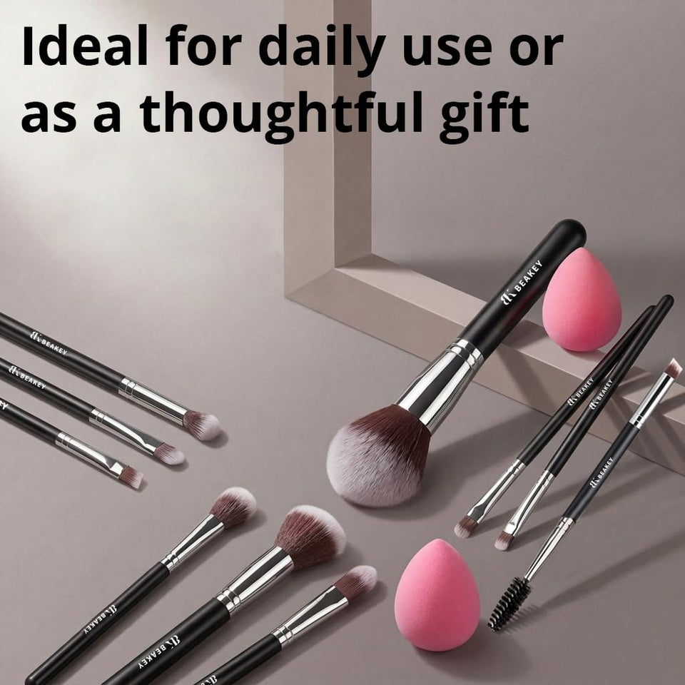 BEAKEY 10+2 Makeup Brushes Set Professional Foundation Eyeshadow Concealer Blush with 2 Blender Sponges Paper Case