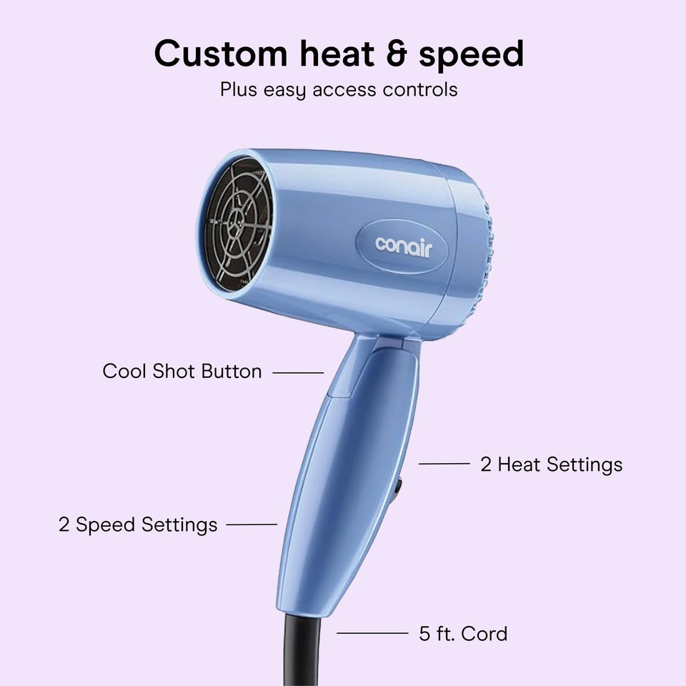 Conair Travel Hair Dryer 1600W Compact Dual Voltage Folding Handle Blue
