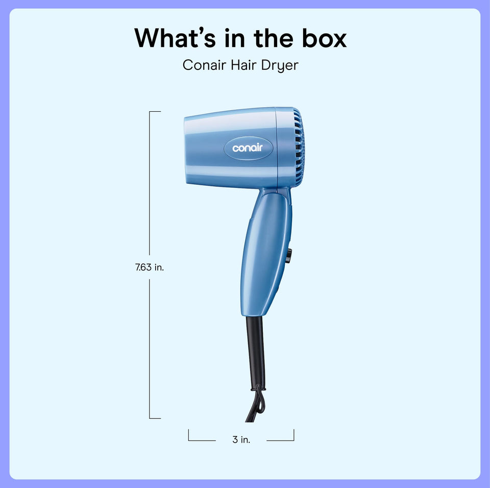 Conair Travel Hair Dryer 1600W Compact Dual Voltage Folding Handle Blue