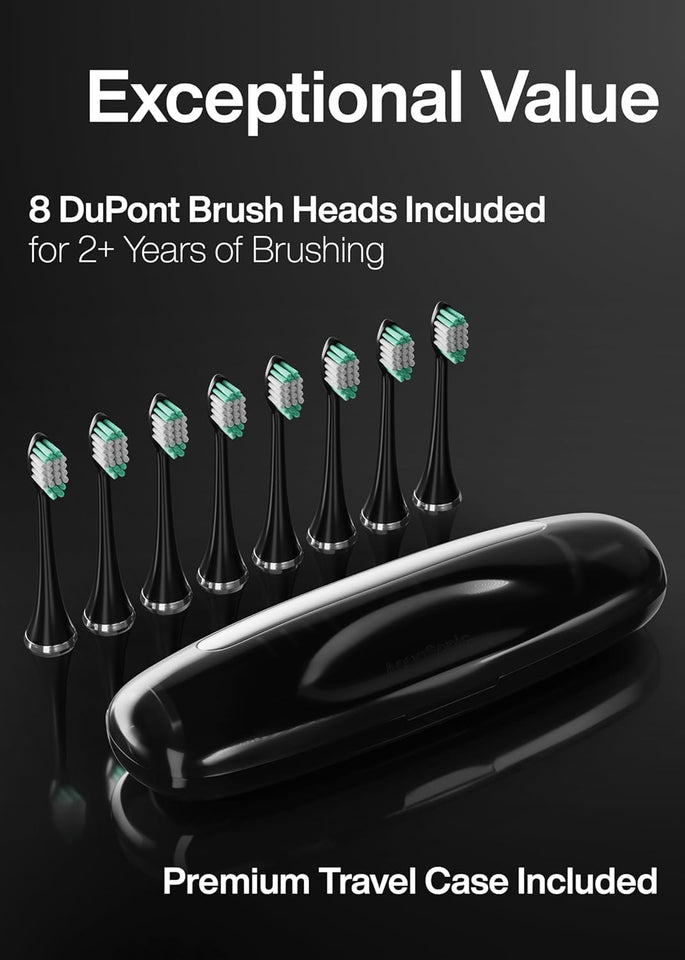 Aquasonic Black Series Ultra Whitening Electric Toothbrush ADA Accepted 8 Brush Heads Wireless Charging 40000 VPM