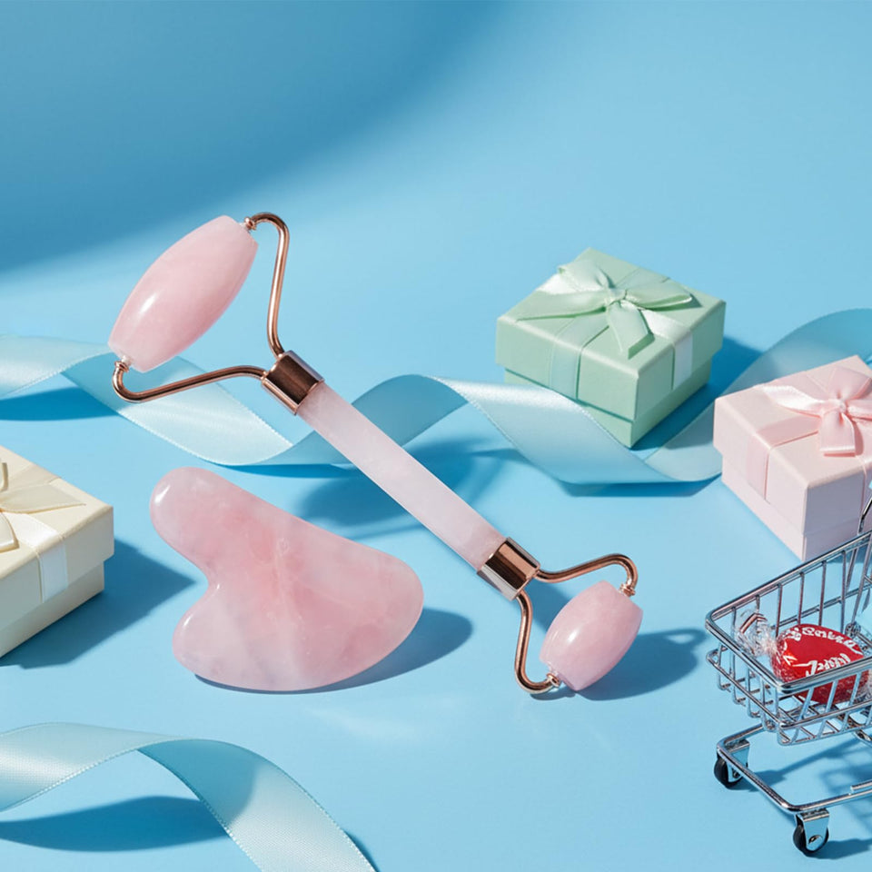 BAIMEI IcyMe Rose Quartz Roller Gua Sha Set Cooling Depuffing Lymphatic Massage Sculpting Pink