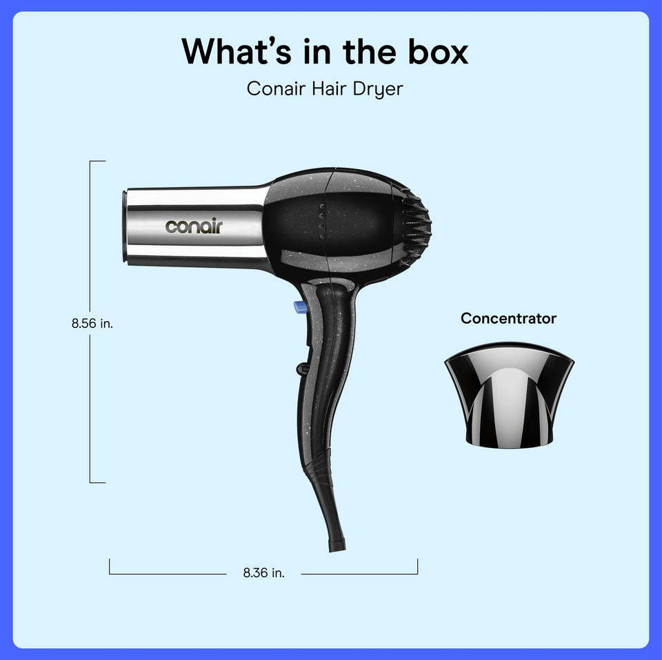 Conair 1875W Full Size Ionic Hair Dryer with Concentrator Attachment Black Chrome