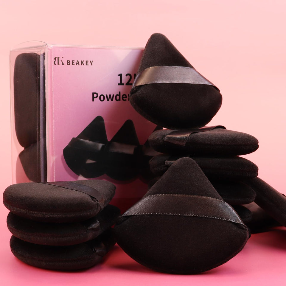 BEAKEY 12 Piece Triangle Powder Puff Set for Face Loose Powder Foundation Contouring Black
