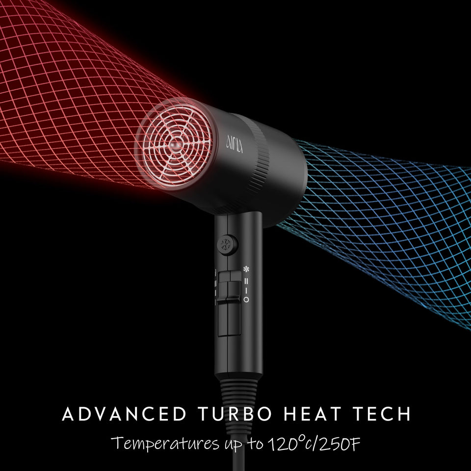 AINA Hair Dryer with Diffuser Advanced Ionic Technology Ceramic Coating Cold Shot Turbo Heat 110V Black