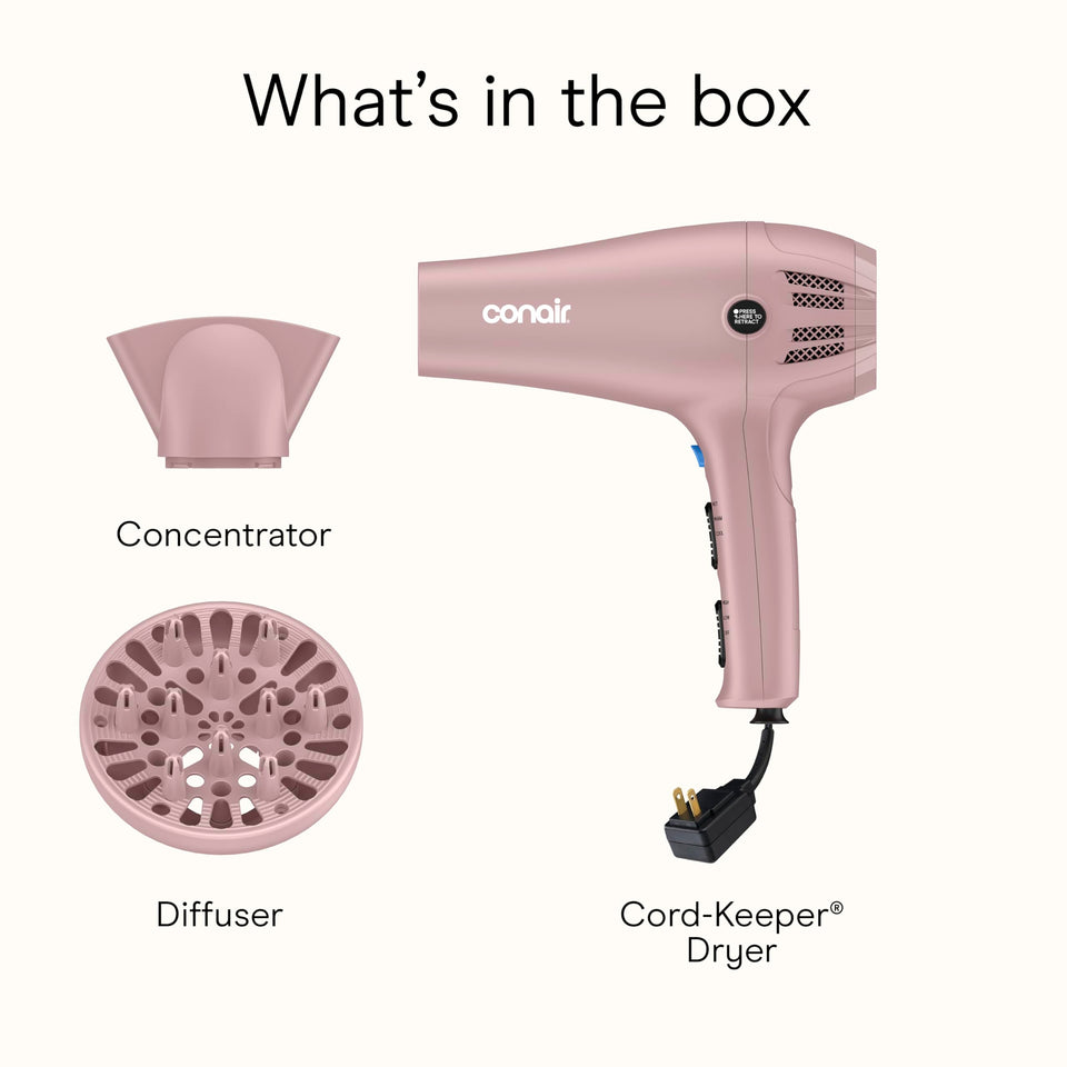 Conair 1875W Hair Dryer Retractable Cord Ionic Tourmaline 3 Heat Settings Diffuser Pink