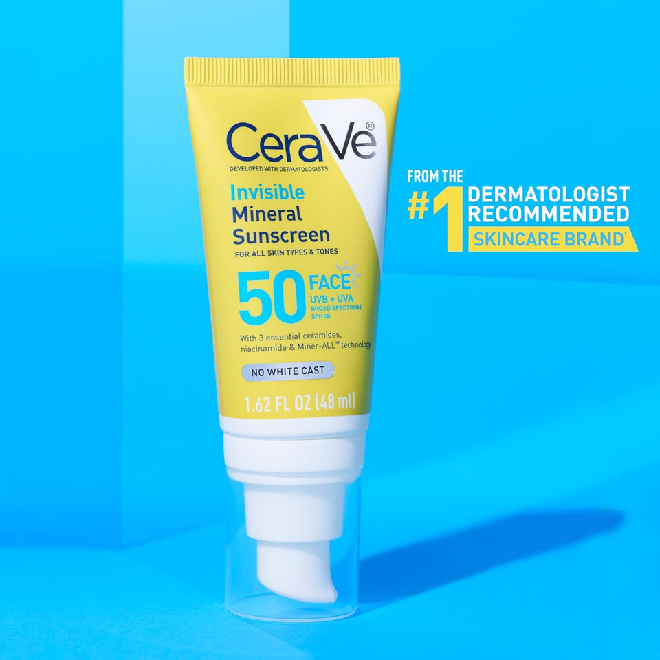CeraVe Invisible Mineral Sunscreen SPF 50 with Zinc Oxide & Titanium Dioxide Face Sunscreen 1.62 Oz
