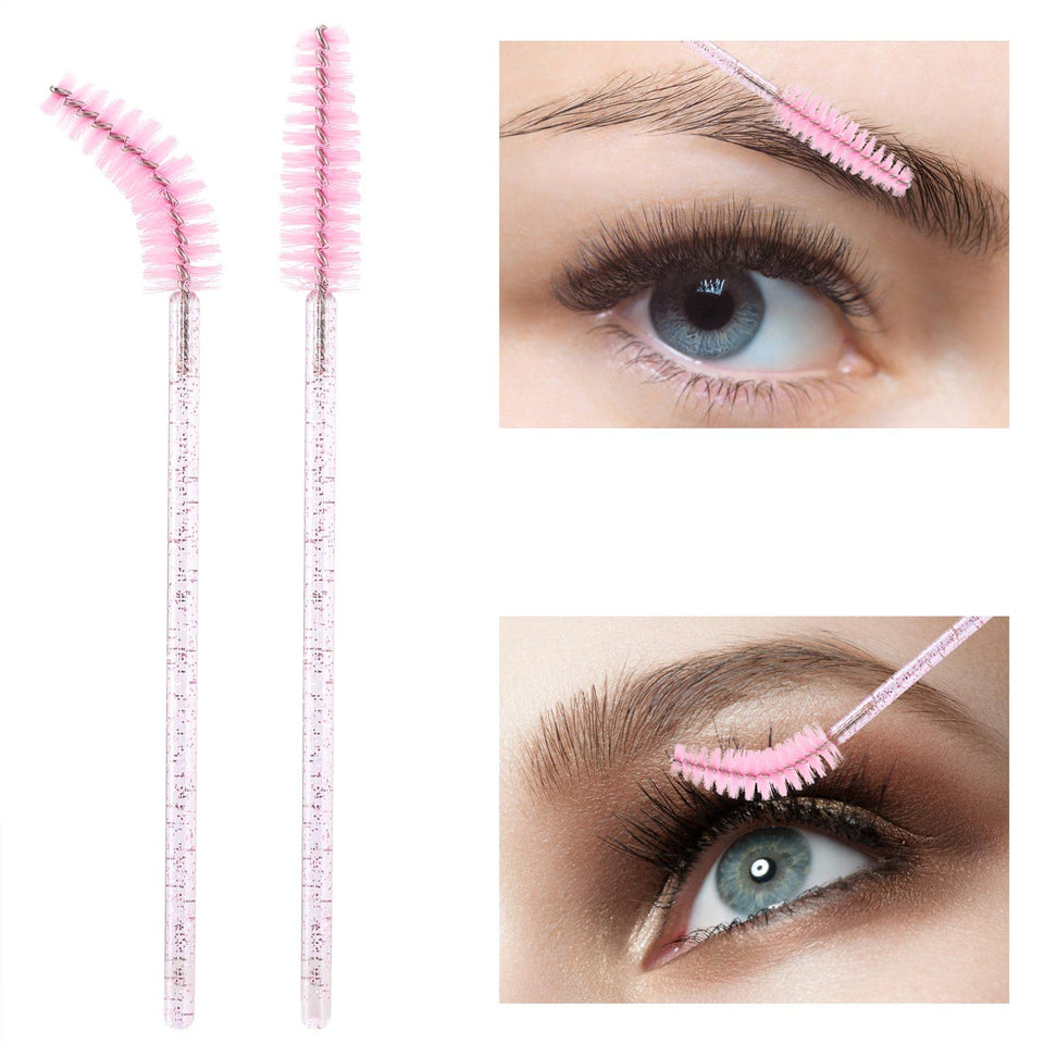 100 Piece Disposable Mascara Wands Crystal Eyebrow Spoolies for Eyelash Extensions Pink with Container