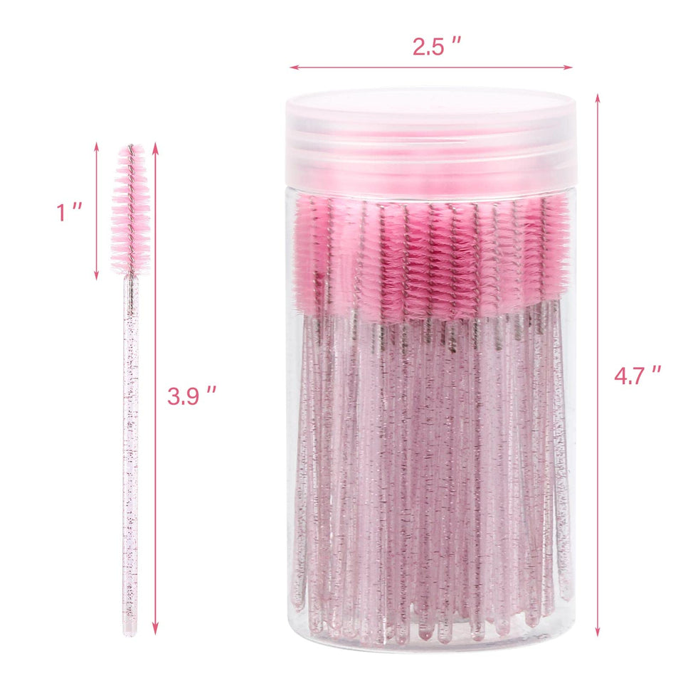 100 Piece Disposable Mascara Wands Crystal Eyebrow Spoolies for Eyelash Extensions Pink with Container