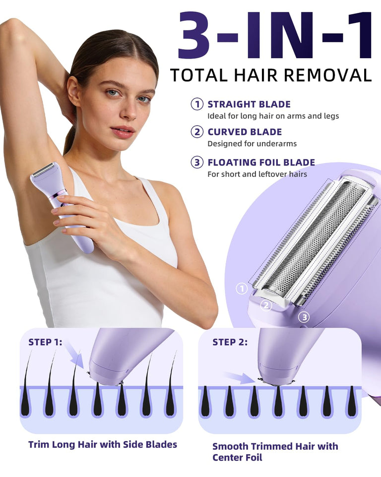 Ufree Bikini Trimmer Electric Razor for Women Ceramic Blade IPX7 Waterproof Rechargeable Lady Shaver Purple