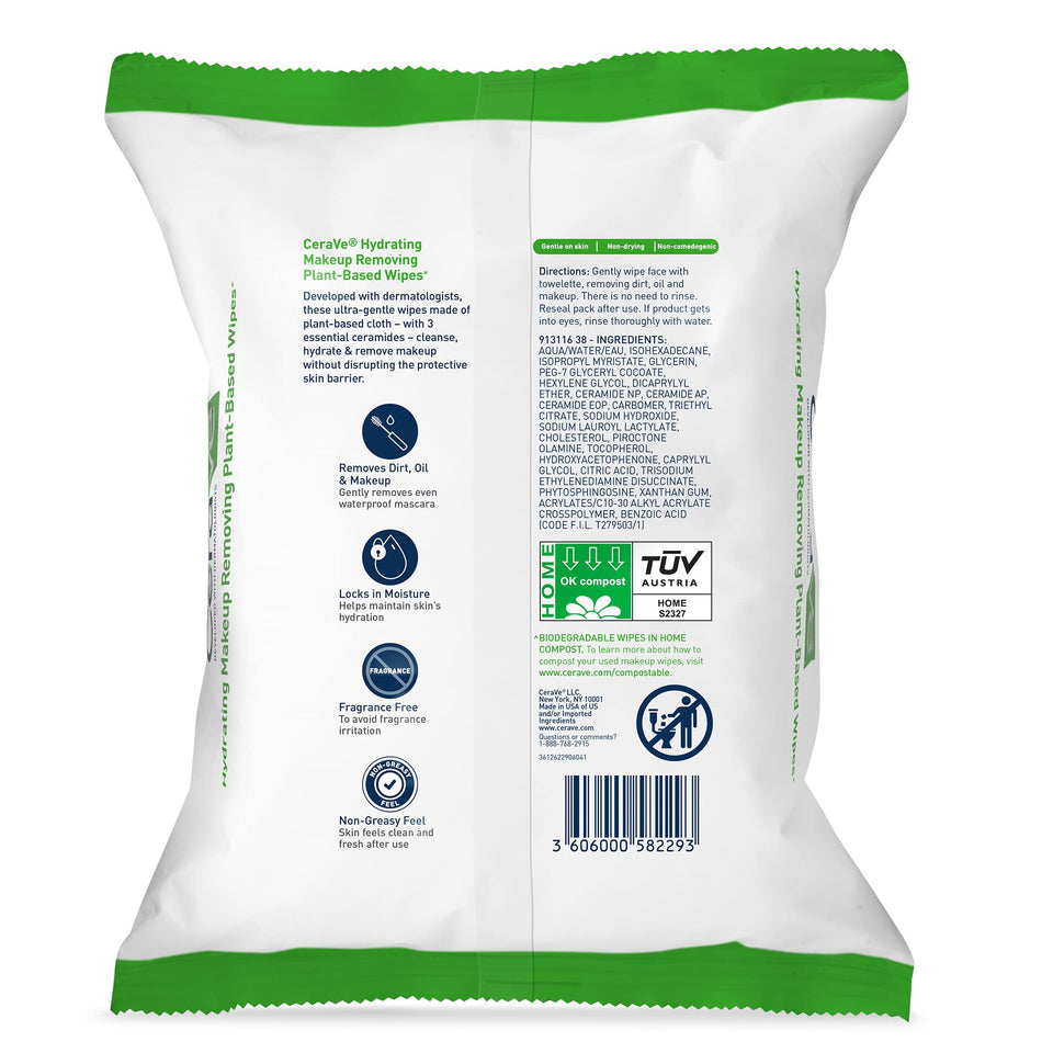 CeraVe Makeup Remover Wipes Plant Based Biodegradable Face Cleansing Wipes for Sensitive Skin 25 Ct