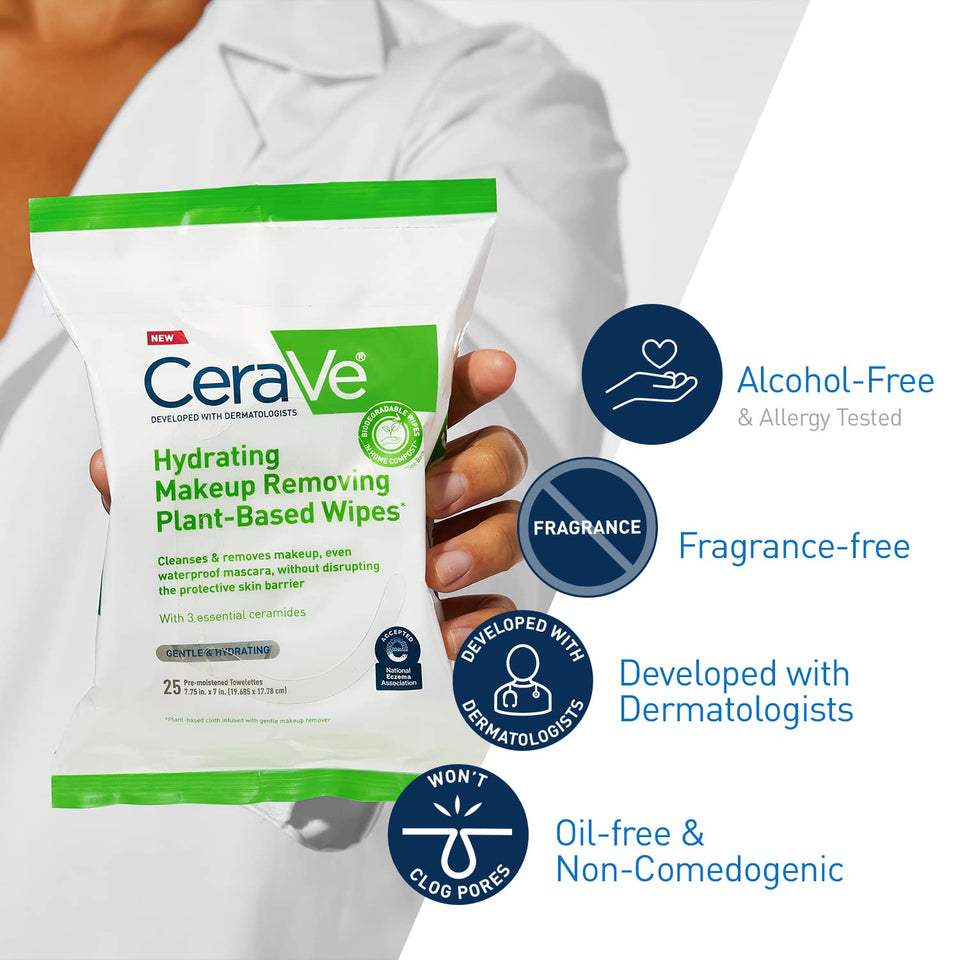CeraVe Makeup Remover Wipes Plant Based Biodegradable Face Cleansing Wipes for Sensitive Skin 25 Ct