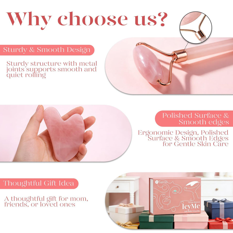 BAIMEI IcyMe Rose Quartz Roller Gua Sha Set Cooling Depuffing Lymphatic Massage Sculpting Pink