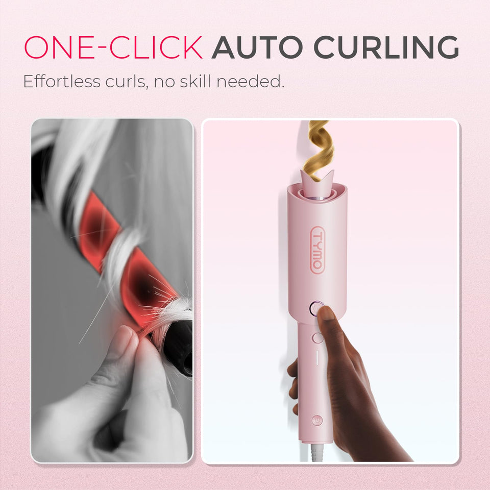 TYMO CURLPRO Automatic Rotating Curling Iron with Ionic Ceramic Barrel for Beach Waves Pink