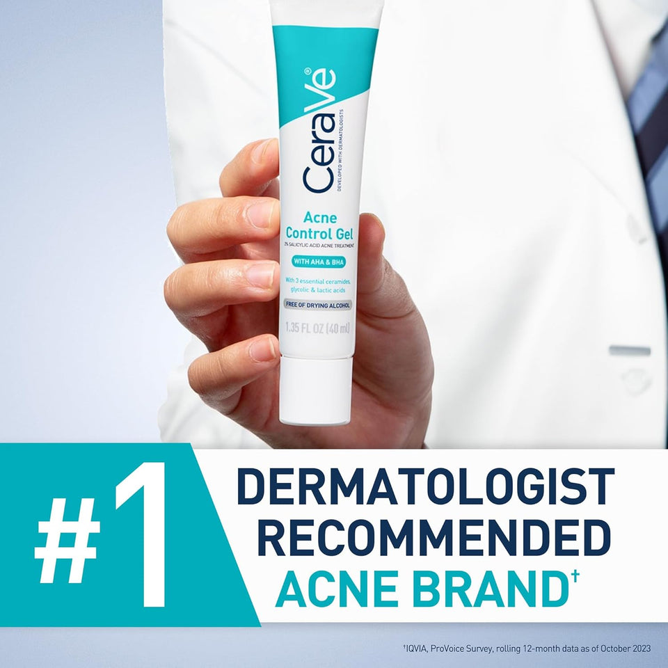 CeraVe Acne Control Gel 2% Salicylic Acid with Niacinamide & AHA for Blemish Treatment 1.35 Oz