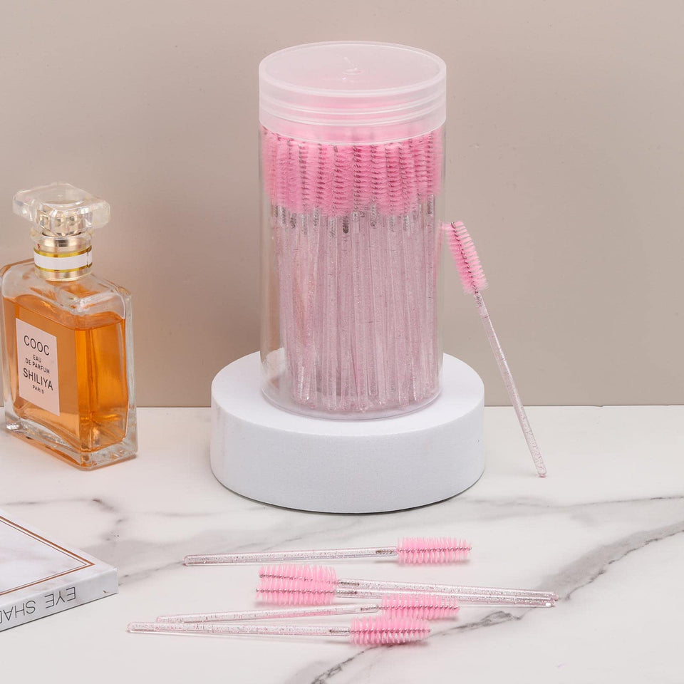 100 Piece Disposable Mascara Wands Crystal Eyebrow Spoolies for Eyelash Extensions Pink with Container