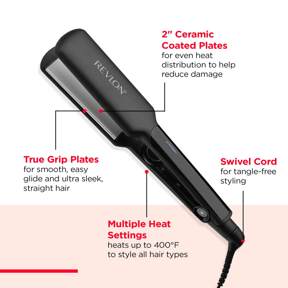 REVLON 2 Inch Ceramic Flat Iron Fast Heating Hair Straightener Smooth Results Travel Friendly Black