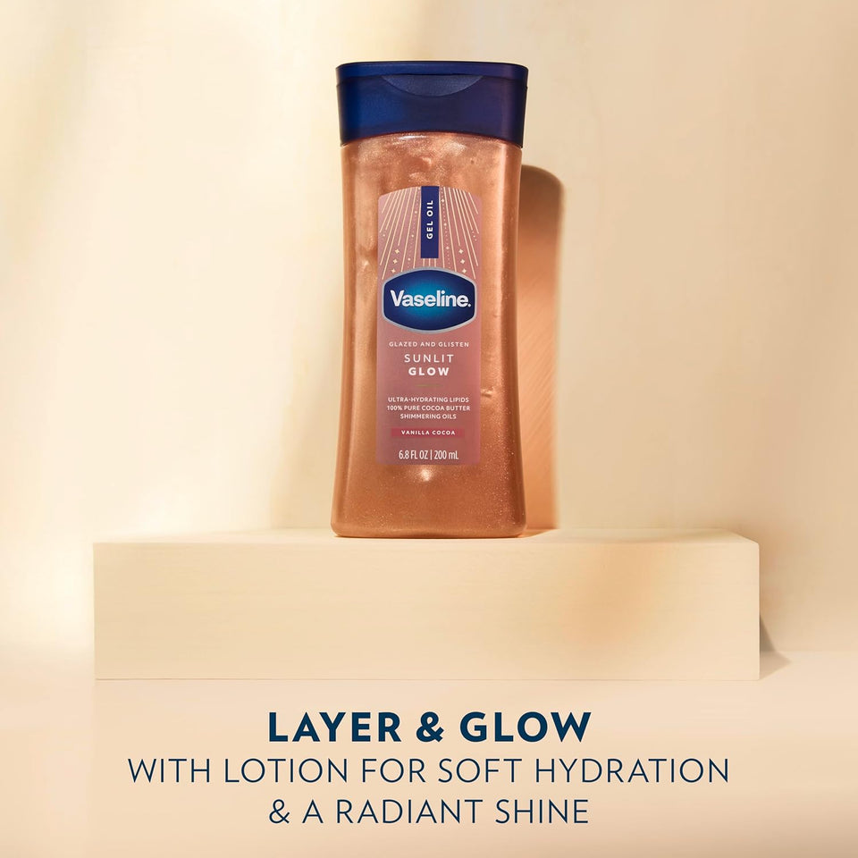 Vaseline Sunlit Glow Body Gel Oil with Vanilla Cocoa Shimmer and Ultra Hydrating Lipids Formula