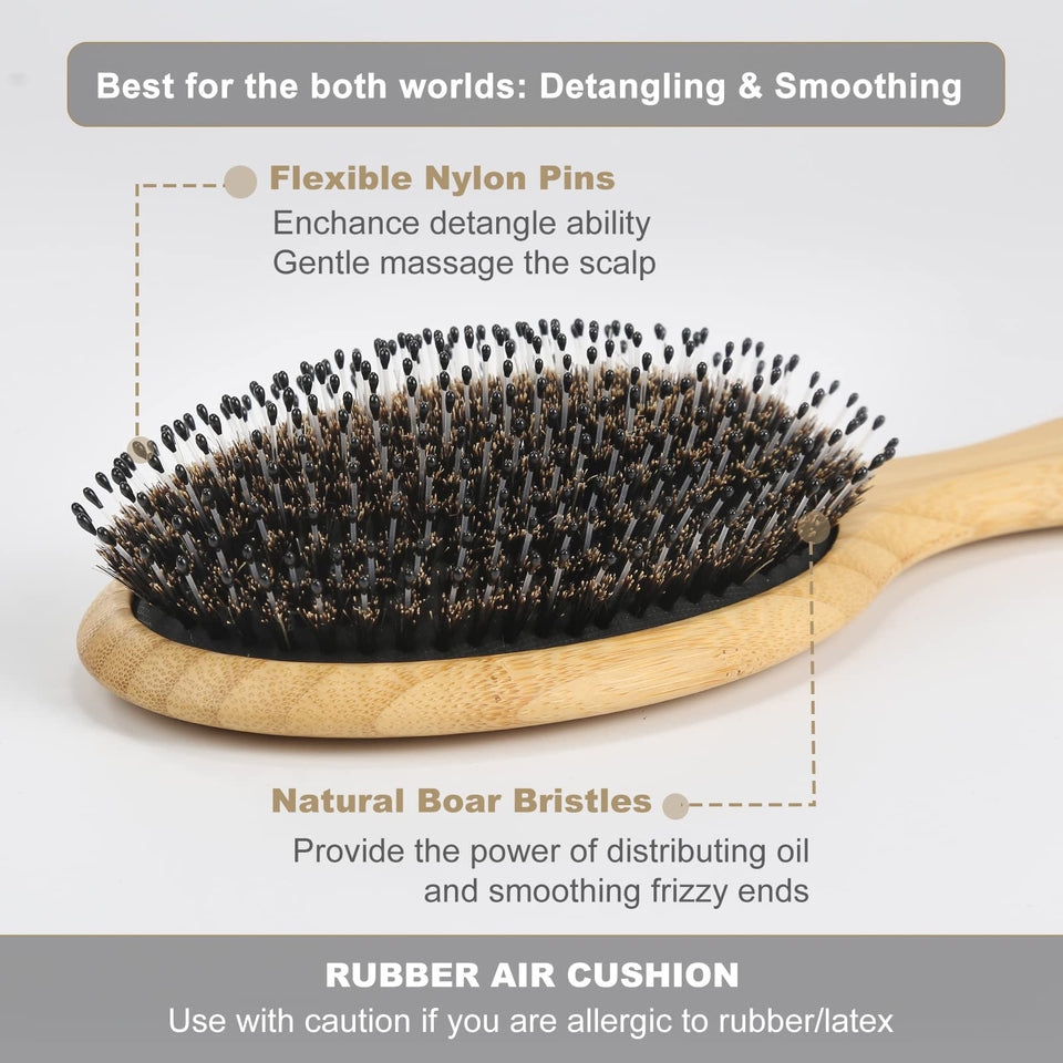 BESTOOL Boar Bristle Hair Brush Natural Bamboo Cushion Paddle Anti-Static for Women Men Kids