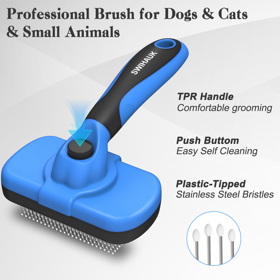 Swihauk Self-Cleaning Slicker Brush Deshedding Grooming Tool for Dogs and Cats Blue