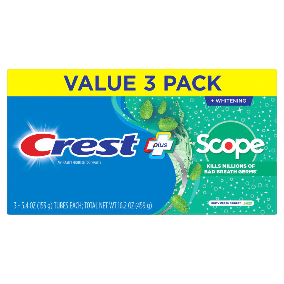 Crest Plus Scope Whitening Toothpaste Pack of 3 with Anticavity Fluoride and Fresh Breath Care