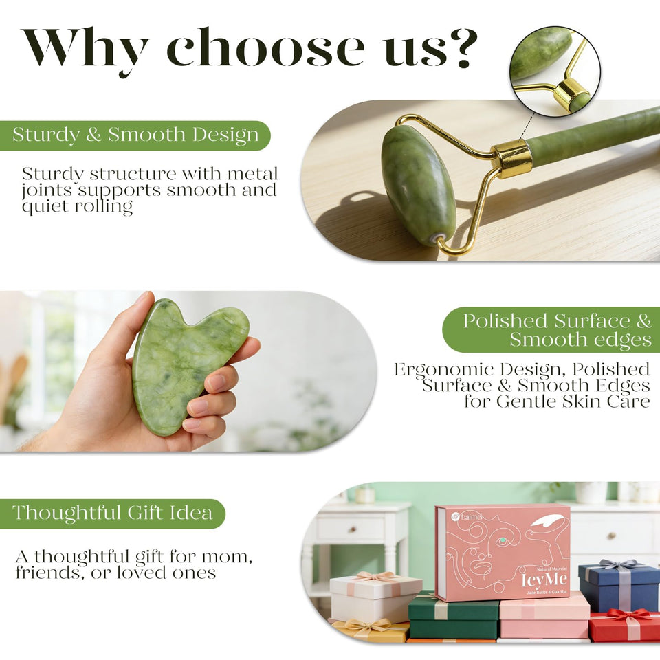BAIMEI IcyMe Gua Sha Jade Roller Set Cooling Face Depuffing Sculpting Jawline Skincare Tools Green