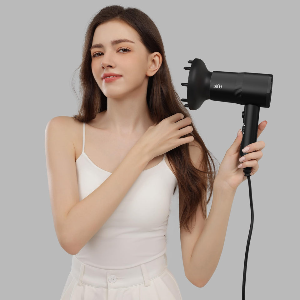 AINA Hair Dryer with Diffuser Advanced Ionic Technology Ceramic Coating Cold Shot Turbo Heat 110V Black