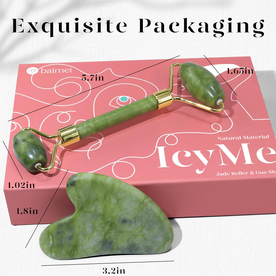 BAIMEI IcyMe Gua Sha Jade Roller Set Cooling Face Depuffing Sculpting Jawline Skincare Tools Green