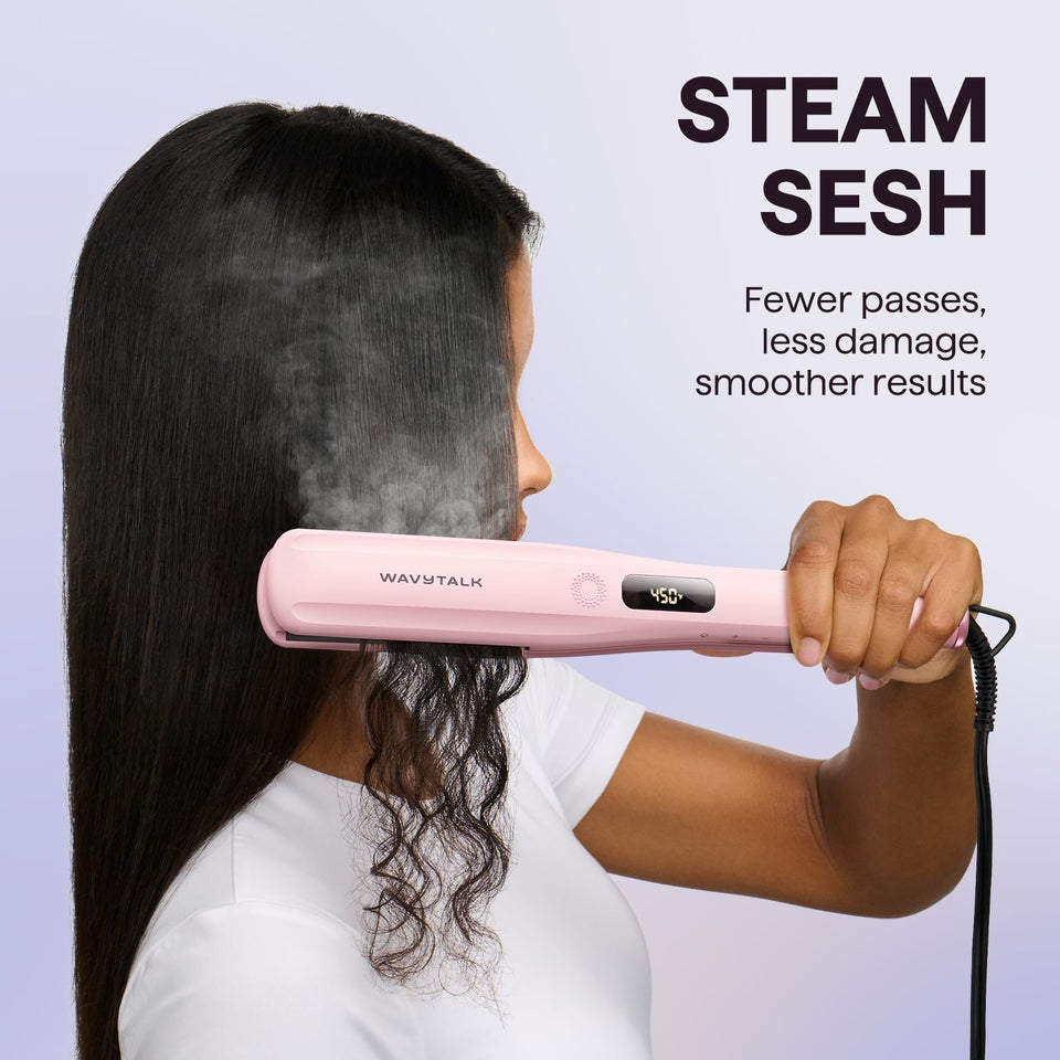 Wavytalk Steam Hair Straightener Nano Titanium 1.38 Inch with Detachable Comb Silk Press Sakura Pink