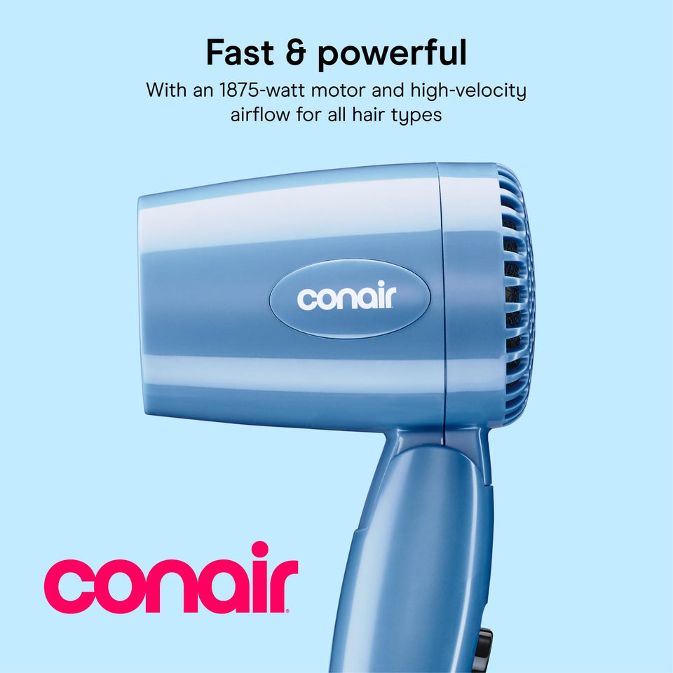 Conair Travel Hair Dryer 1600W Compact Dual Voltage Folding Handle Blue