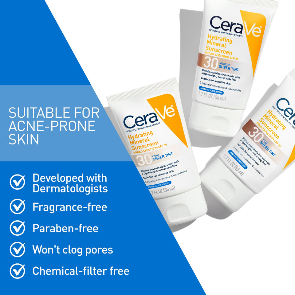 CeraVe Hydrating Mineral Sunscreen SPF 30 Sheer Tint with Zinc Oxide & Titanium Dioxide 1.7 Oz