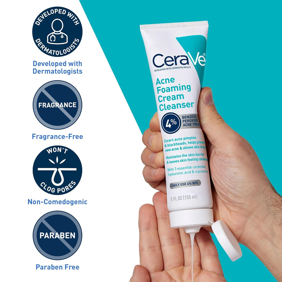 CeraVe Acne Foaming Cream Cleanser with 4% Benzoyl Peroxide Niacinamide & Ceramides Face Wash