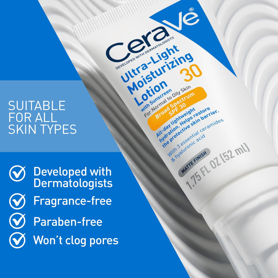 CeraVe Ultra Light Moisturizing Lotion SPF 30 with Hyaluronic Acid & Ceramides Matte Finish 1.7 Oz