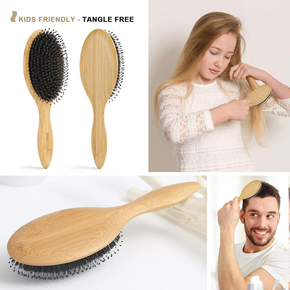 BESTOOL Boar Bristle Hair Brush Natural Bamboo Cushion Paddle Anti-Static for Women Men Kids