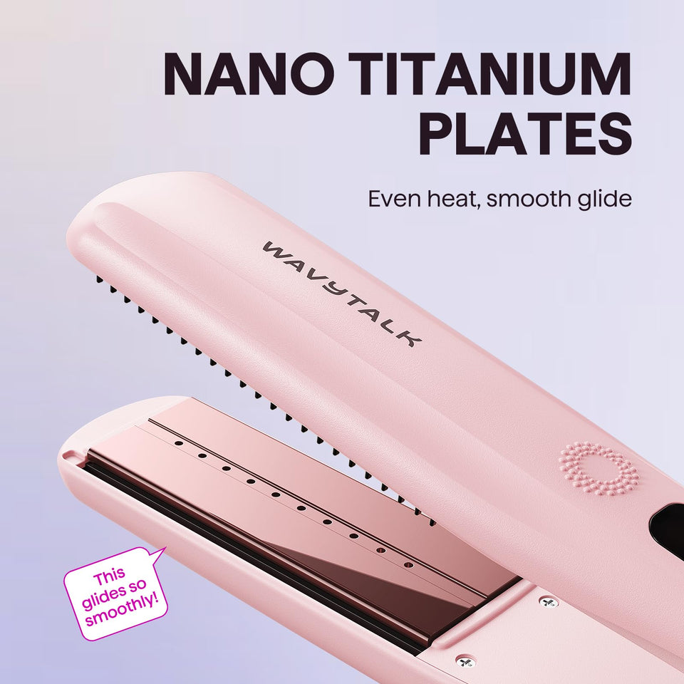 Wavytalk Steam Hair Straightener Nano Titanium 1.38 Inch with Detachable Comb Silk Press Sakura Pink