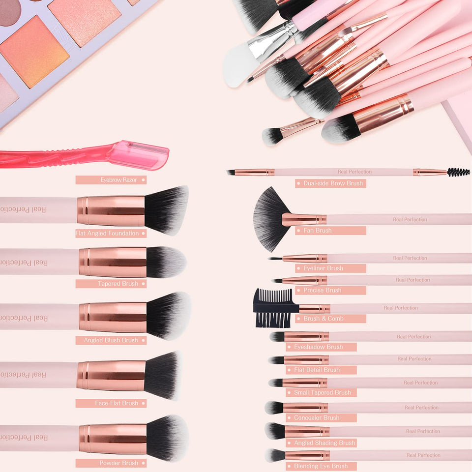 Real Perfection 16 Piece Makeup Brush Set with Eyebrow Razor Synthetic Foundation Concealer Eyeshadow Blush Pink