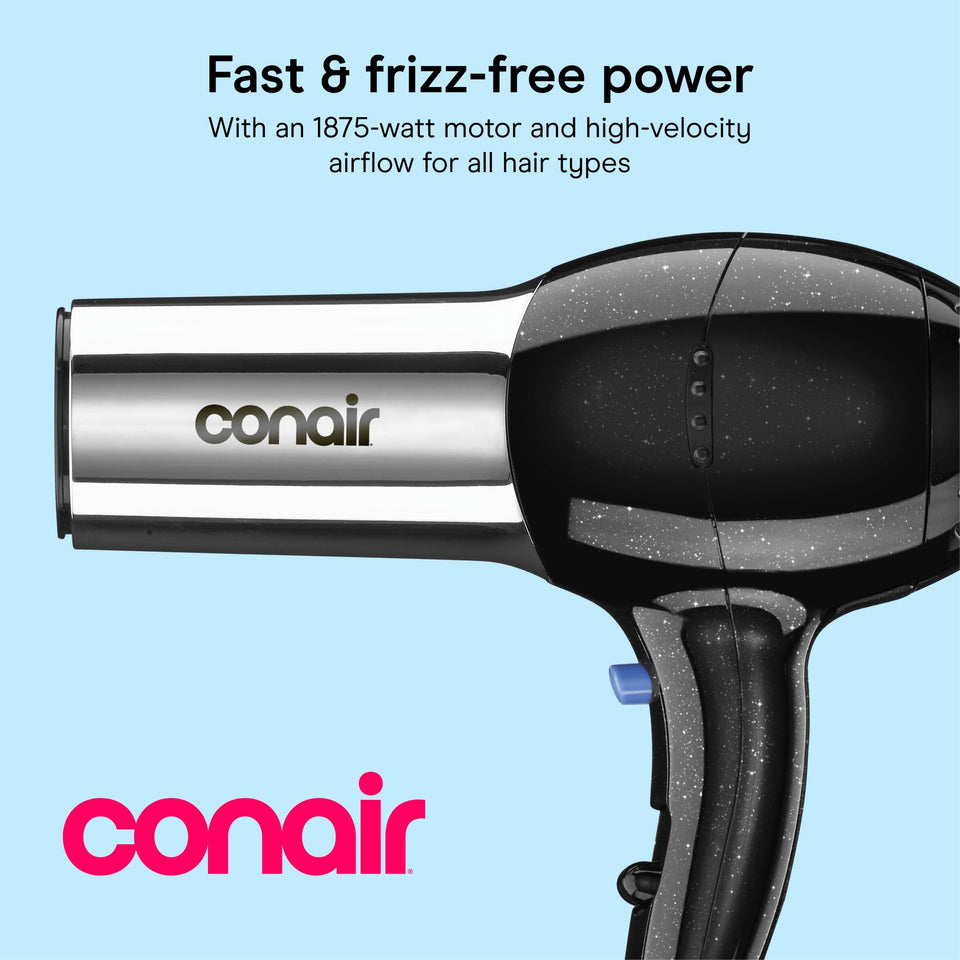 Conair 1875W Full Size Ionic Hair Dryer with Concentrator Attachment Black Chrome