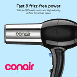 Conair 1875W Full Size Ionic Hair Dryer with Concentrator Attachment Black Chrome