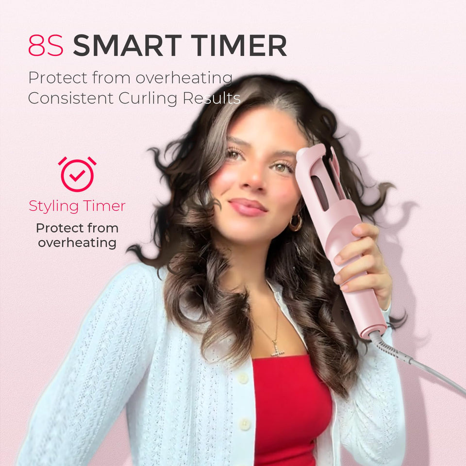 TYMO CURLPRO Automatic Rotating Curling Iron with Ionic Ceramic Barrel for Beach Waves Pink
