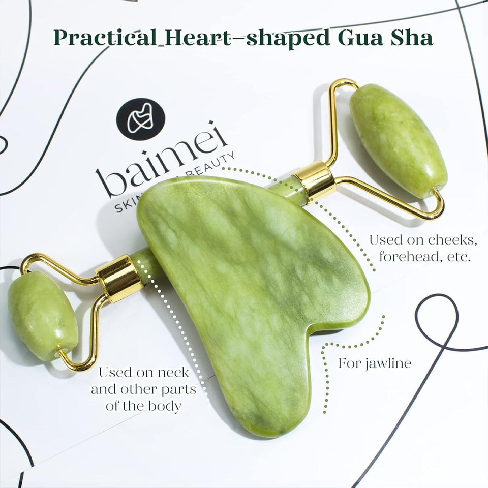 BAIMEI IcyMe Gua Sha Jade Roller Set Cooling Face Depuffing Sculpting Jawline Skincare Tools Green