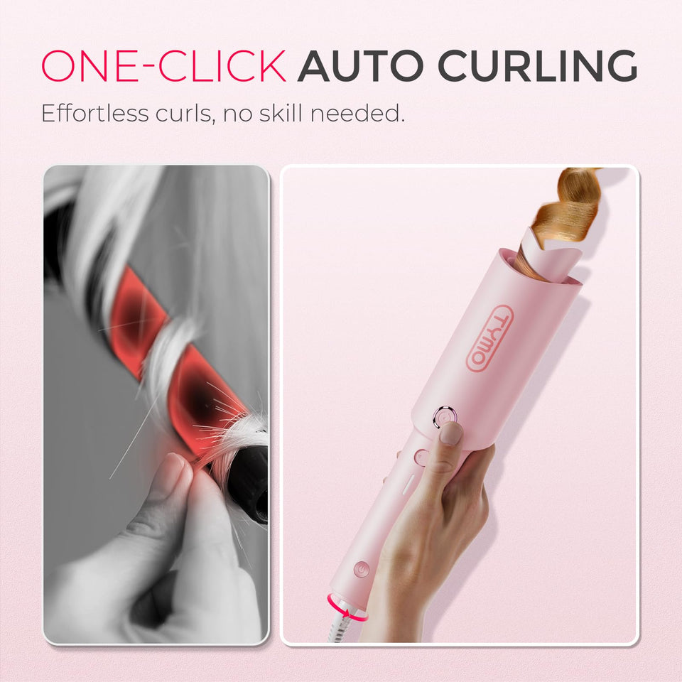 TYMO CURLPRO Automatic Rotating Curling Iron with Ionic Ceramic Barrel for Beach Waves Pink